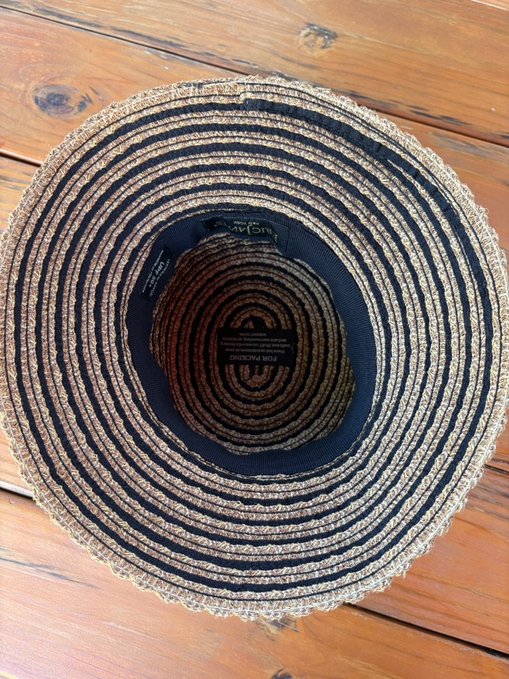 Eric Javits Packable Straw and Black Ribbon Bucket Sun Hat UPF 50+ Stripe - Picture 9 of 14